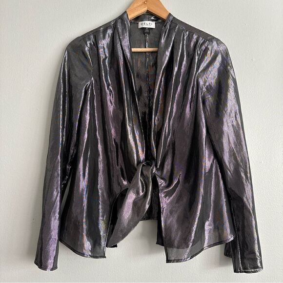 Anthropologie Delfi Collective Metallic Mixed Design Silk Blouse Small Tie Front - Picture 1 of 11